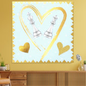 Gold Hearts King and Queen Chess Pieces on Blue | Canvas Afdruk (Insitu (Woonkamer))