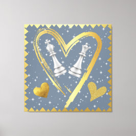 Gold Hearts King en Queen Schaakstukken op Grijs | Canvas Afdruk