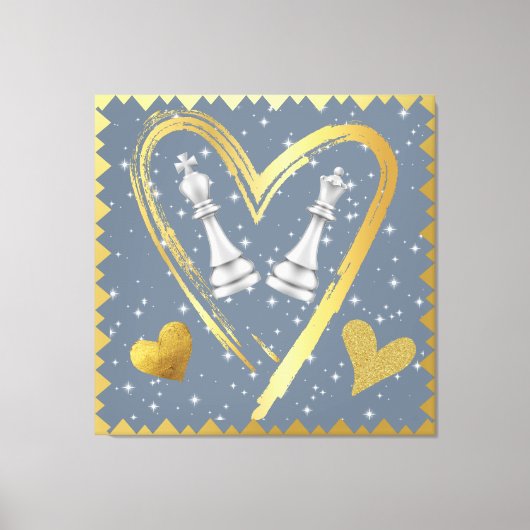 Gold Hearts King en Queen Schaakstukken op Grijs | Canvas Afdruk (Voorkant)