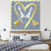 Gold Hearts King en Queen Schaakstukken op Grijs | Canvas Afdruk (Insitu (Slaapkamer))