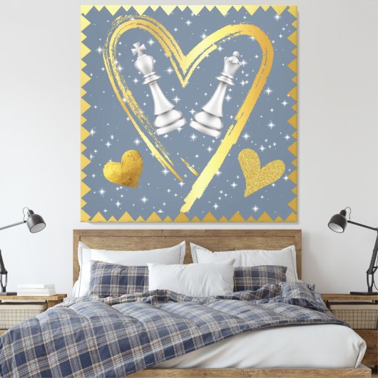 Gold Hearts King en Queen Schaakstukken op Grijs | Canvas Afdruk (Insitu (Slaapkamer))