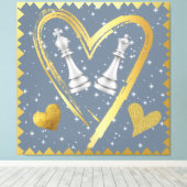 Gold Hearts King en Queen Schaakstukken op Grijs | Canvas Afdruk (Insitu (Houten vloer))