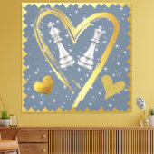 Gold Hearts King en Queen Schaakstukken op Grijs | Canvas Afdruk (Insitu (Woonkamer))