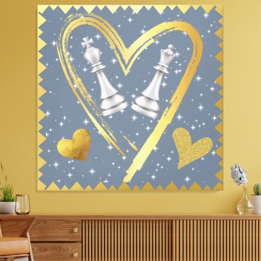 Gold Hearts King en Queen Schaakstukken op Grijs | Canvas Afdruk (Insitu (Woonkamer))