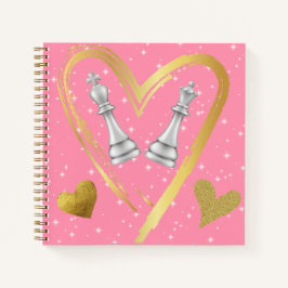 Gold Hearts King en Queen Schaakstukken op Roze | Notitieboek