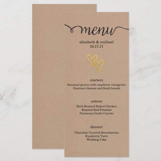Gold Hearts Kraft Wedding Menu (Voorkant / Achterkant)