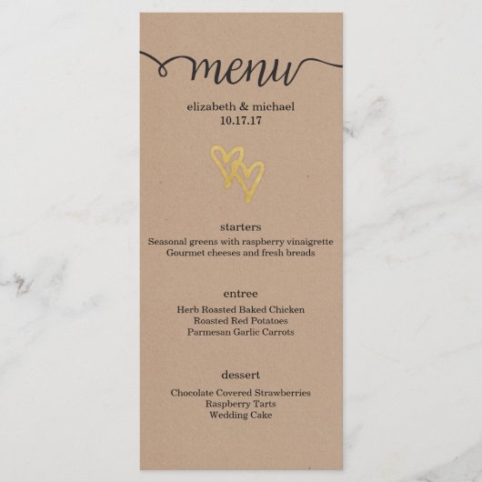 Gold Hearts Kraft Wedding Menu (Voorkant)