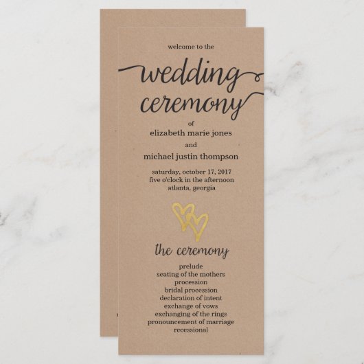 Gold Hearts Kraft Wedding Programma Programmakaart (Voorkant / Achterkant)