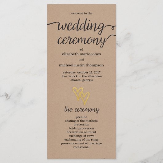 Gold Hearts Kraft Wedding Programma Programmakaart (Voorkant)