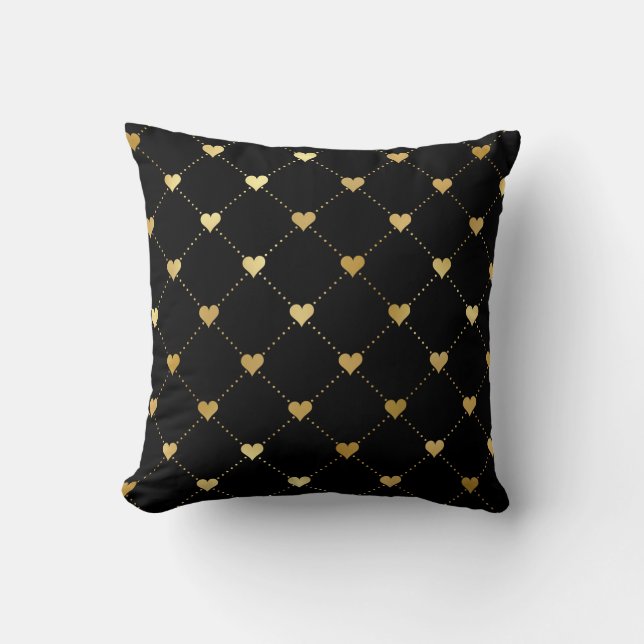 Gold Hearts op Black Classy Romantic Pattern Kussen (Voorkant)