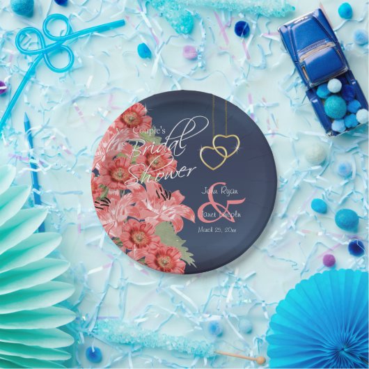 Gold Hearts op koraal- en marineslak Papieren Bordje (Feest)