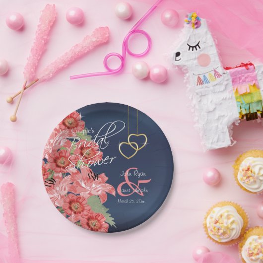 Gold Hearts op koraal- en marineslak Papieren Bordje (Feest)