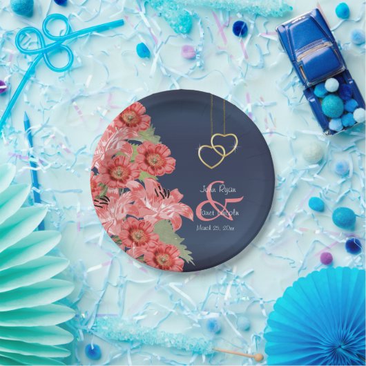 Gold Hearts op koraal- en marineslak Papieren Bordje (Feest)