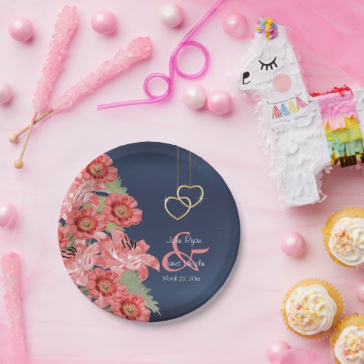 Gold Hearts op koraal- en marineslak Papieren Bordje (Feest)