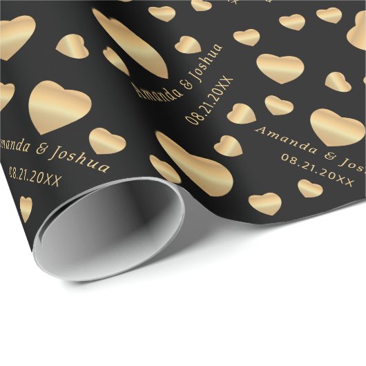 Gold Hearts op zwart Cadeaupapier (Rol Hoek)