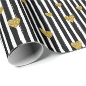 Gold Hearts op zwarte en witte strepen Cadeaupapier (Rol Hoek)