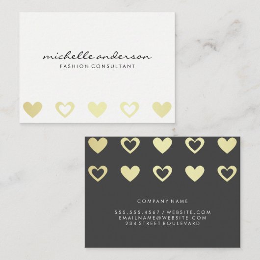 Gold Hearts Pattern | Grijs wit Visitekaartje (Voorkant / Achterkant)