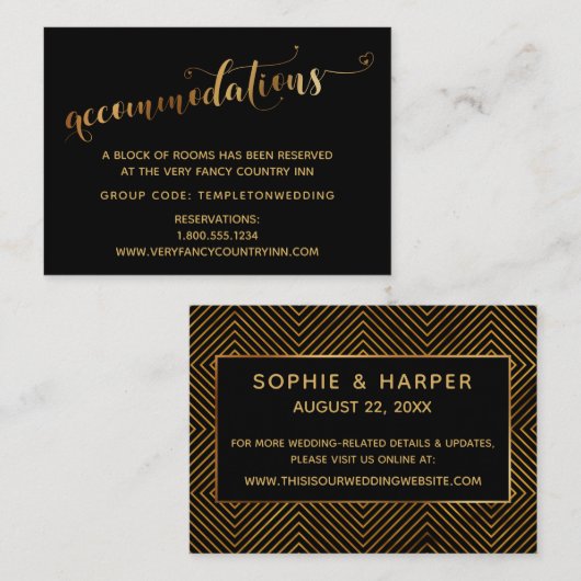 Gold Hearts Script Black Wedding Accommodaties Informatiekaartje (Voorkant / Achterkant)