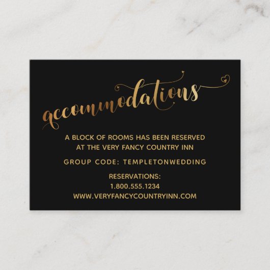 Gold Hearts Script Black Wedding Accommodaties Informatiekaartje (Voorkant)