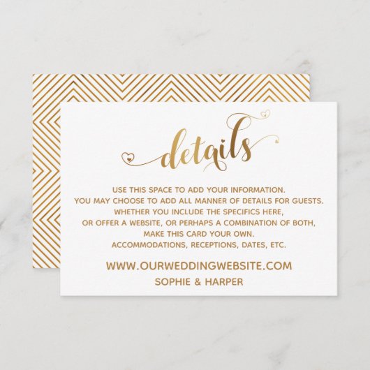 Gold Hearts Script, diamanten details op wit Informatiekaartje (Voorkant / Achterkant)