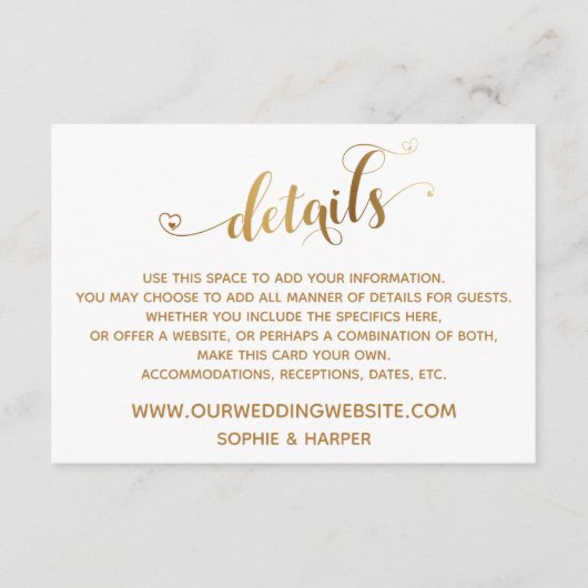 Gold Hearts Script, diamanten details op wit Informatiekaartje (Voorkant)