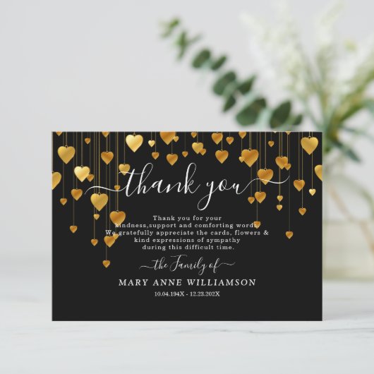 Gold Hearts Script Funeral Bedankt voor je creditc (Staand voorkant)