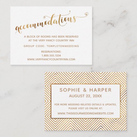Gold Hearts Script White Wedding Accommodations Informatiekaartje (Voorkant / Achterkant)