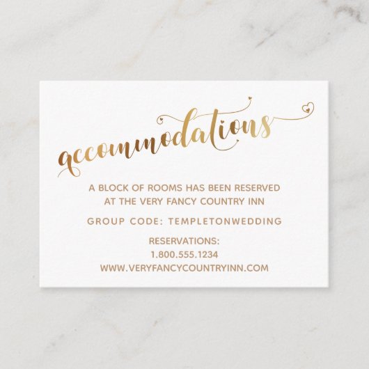 Gold Hearts Script White Wedding Accommodations Informatiekaartje (Voorkant)