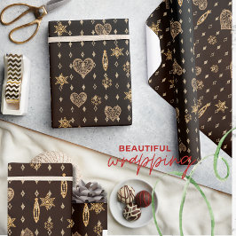 Gold Hearts Stars op Black Birthday Wrapping Paper Cadeaupapier
