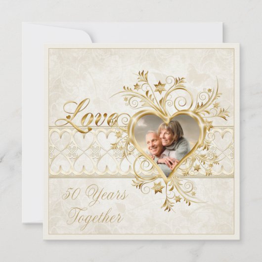  Gold Hearts Swirls Foto 50th Wedding Kaart (Voorkant)