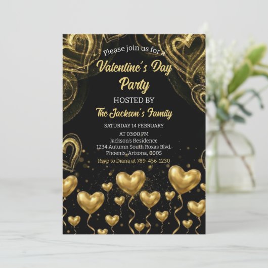 Gold Hearts Valentine's Day Party Kaart (Staand voorkant)