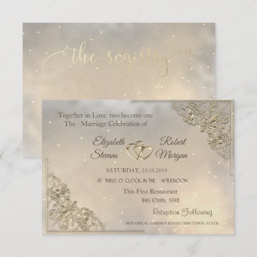Gold Hearts Wedding & Registry Uitnodiging (Voorkant / Achterkant)