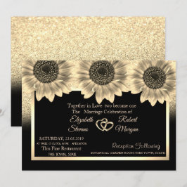 Gold Hearts, zonnebloemen, Glitter Wedding Invitat Kaart