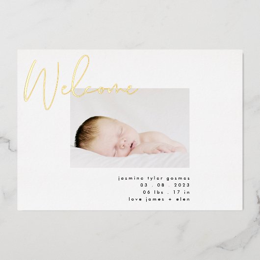 GOLD heet zwarte witte moderne BABY-AANKONDIGING Folie Uitnodiging (Voorkant)