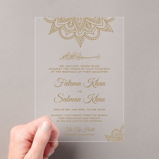Gold Henna Mehndi Islamic Muslim Wedding Acryl Uitnodigingen (Insitu (Draagbaar))