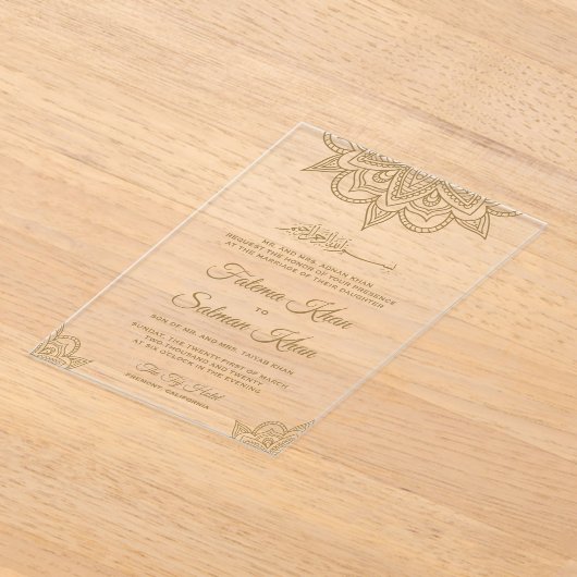 Gold Henna Mehndi Islamic Muslim Wedding Acryl Uitnodigingen (Laagn)