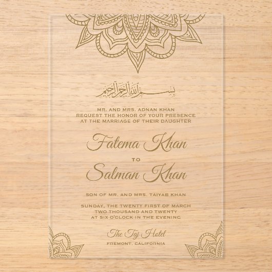 Gold Henna Mehndi Islamic Muslim Wedding Acryl Uitnodigingen (Voorkant)