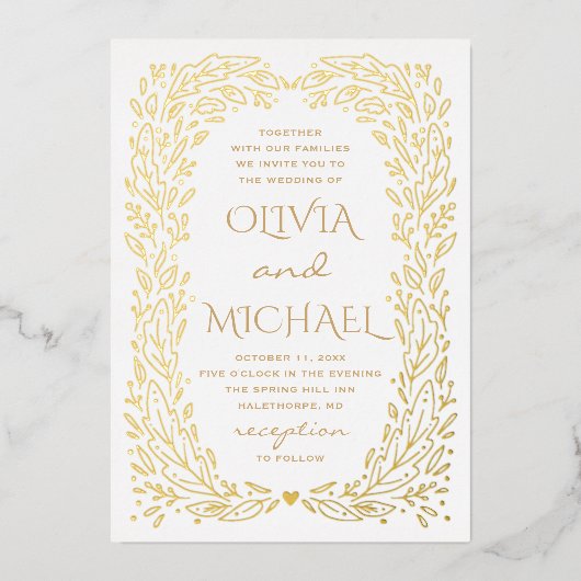 Gold herfst botanische bruiloft. Elegant herfstflo Folie Uitnodiging (Voorkant)