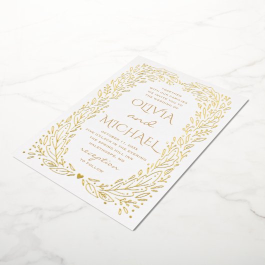 Gold herfst botanische bruiloft. Elegant herfstflo Folie Uitnodiging (Gedraaid)