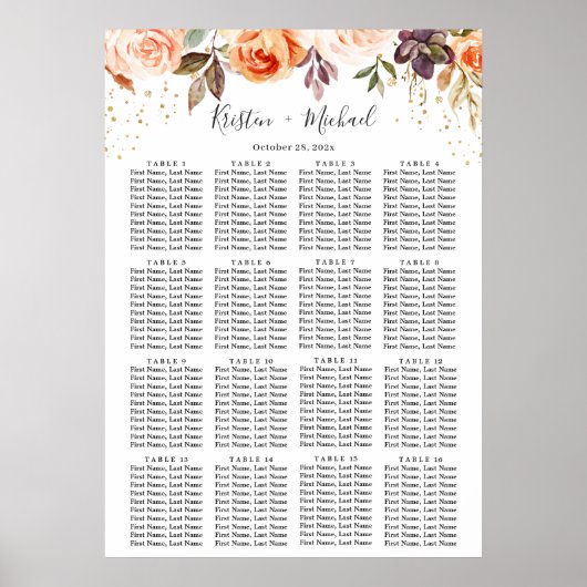 Gold herfst Floral 16 Tables Wedding Seating Chart Poster (Voorkant)