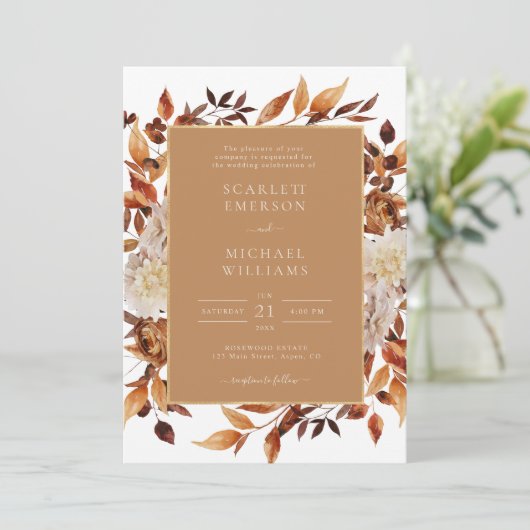 Gold Herfst Floral Wedding Kaart (Staand voorkant)