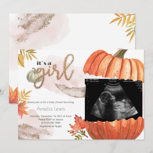 Gold Herfst Pumpkin Het is een meisje Baby shower Kaart (Voorkant / Achterkant)