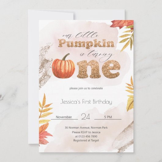 Gold Herfst Pumpkin - Uitnodiging eerste verjaarda (Voorkant)