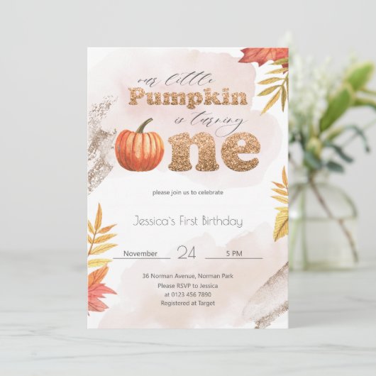 Gold Herfst Pumpkin - Uitnodiging eerste verjaarda (Staand voorkant)