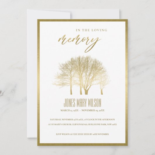 GOLD HERFST TREE SYMPATHY MEMORIAL SERVICE INVITE BEDANKKAART (Voorkant)