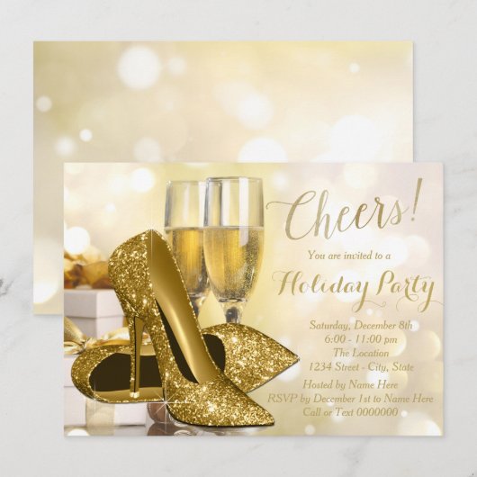 Gold High Heel Champagne Vakantie Feest Kaart (Voorkant / Achterkant)