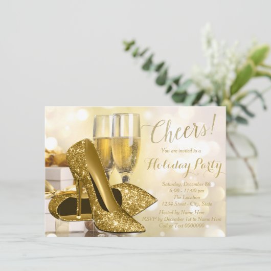 Gold High Heel Champagne Vakantie Feest Kaart (Staand voorkant)