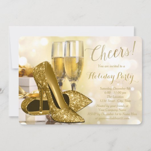 Gold High Heels Champagne Corporate Holiday Party Kaart (Voorkant)