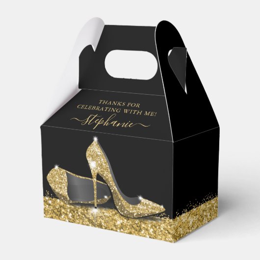 Gold High Heels Elegant Black Glitter Hartelijk da Bedankdoosjes (Voorkant Zijde)