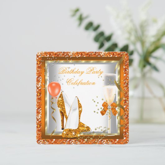 Gold High Heels Glitter Oranje Birthday Party 2 Kaart (Staand voorkant)